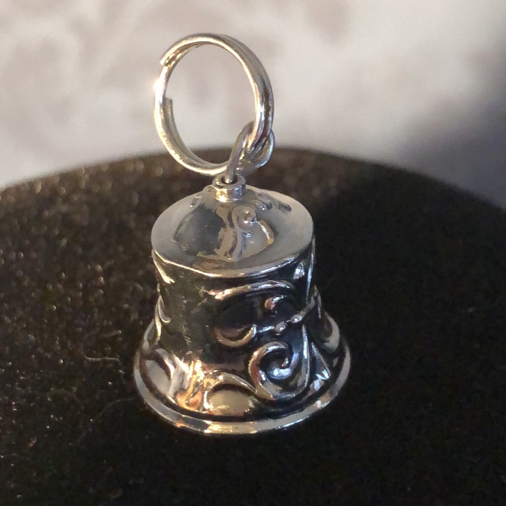 Tiny Silver Bell Charm With Fancy Scroll Work 3/4… - image 3
